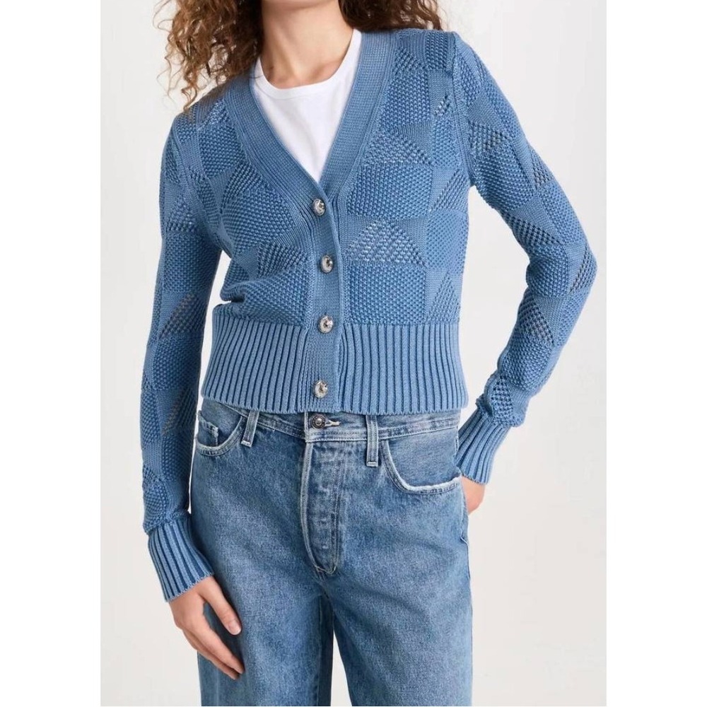 VERONICA BEARD Mirembe Pointelle Knit Cotton Cardigan in Blue